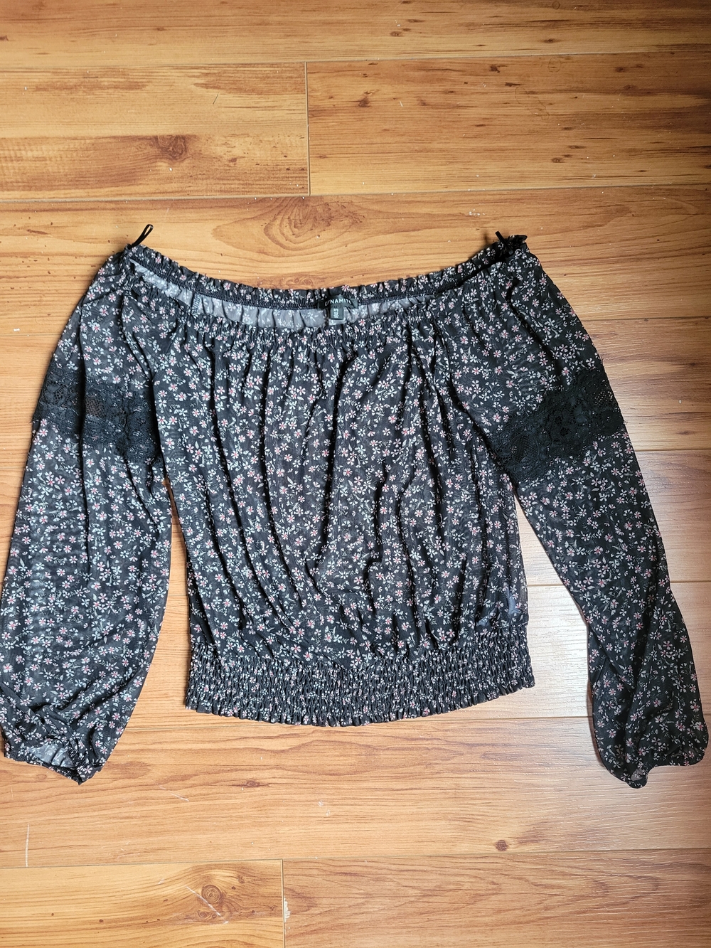 Dynamite Black Floral Off-the-Shoulder Smocked Hem Blouse
